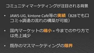 • JAWS-UG, kintone Café等の実績（B2Bでも口
コミ→調達の流れの構築が可能）
• 国内マーケットの縮小 = 今までのやり方で
は売上減少
• 既存のマスマーケティングの限界
コミュニティマーケティングが注目される背景
 