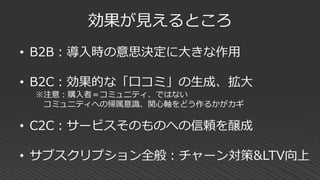 • B2B：導入時の意思決定に大きな作用
• B2C：効果的な「口コミ」の生成、拡大
※注意：購入者＝コミュニティ、ではない
コミュニティへの帰属意識、関心軸をどう作るかがカギ
• C2C：サービスそのものへの信頼を醸成
• サブスクリプション全般：チャーン対策&LTV向上
効果が見えるところ
 