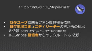 • 既存ユーザ訪問＆ファン度見極＆依頼
• 既存地場コミュニティリーダーの方からの抽出
＆依頼（必ずしもStripeユーザではない場合も）
• JP_Stripes 登壇者からのリクルート & 依頼
1st ピンの探し方：JP_Stripesの場合
 