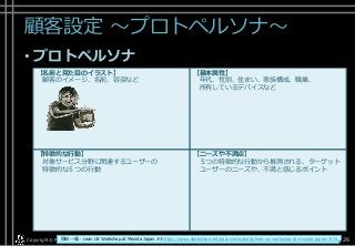 顧客設定 ～プロトペルソナ～
• プロトペルソナ
Copyright© POStudy . All rights reserved.～アジャイル・プロダクトマネジメント研究会～ 26
【名前と見た目のイラスト】
顧客のイメージ、名前、容姿など
【基本属性】
年代、性別、住まい、家族構成、職業、
所有しているデバイスなど
【特徴的な行動】
対象サービス分野に関連するユーザーの
特徴的な５つの行動
【ニーズや不満点】
５つの特徴的な行動から推測される、ターゲット
ユーザーのニーズや、不満と感じるポイント
坂田 一倫 - Lean UX Workshop at Movida Japan #3 https://www.slideshare.net/kazumichisakata/lean-ux-workshop-at-movida-japan-3/31
 