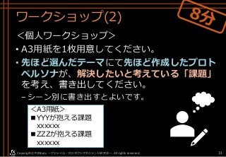 ワークショップ(2)
＜個人ワークショップ＞
• A3用紙を1枚用意してください。
• 先ほど選んだテーマにて先ほど作成したプロト
ペルソナが、解決したいと考えている「課題」
を考え、書き出してください。
–シーン別に書き出すとよいです。
Copyright© POStudy . All rights reserved.～アジャイル・プロダクトマネジメント研究会～ 31
＜A3用紙＞
■YYYが抱える課題
xxxxxx
■ZZZが抱える課題
xxxxxx
 
