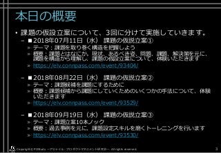 本日の概要
• 課題の仮設立案について、3回に分けて実施していきます。
– ■2018年07月11日（水） 課題の仮説立案①
» テーマ：課題を取り巻く構造を把握しよう
» 概要：課題とはなにか。現状、あるべき姿、問題、課題、解決策を元に、
課題を構造から理解し、課題の仮設立案について、体験いただきます
» https://elv.connpass.com/event/93404/
– ■2018年08月22日（水） 課題の仮説立案②
» テーマ：課題候補を課題にするために
» 概要：課題候補から課題にしていくためのいくつかの手法について、体験
いただきます
» https://elv.connpass.com/event/93529/
– ■2018年09月19日（水） 課題の仮説立案③
» テーマ：課題立案10本ノック
» 概要：過去事例を元に、課題設定スキルを磨くトーレニングを行います
» https://elv.connpass.com/event/93530/
Copyright© POStudy . All rights reserved.～アジャイル・プロダクトマネジメント研究会～ 3
 
