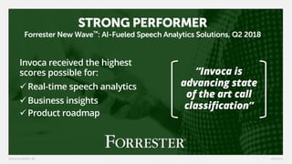 STRONG PERFORMER
Forrester New Wave™: AI-Fueled Speech Analytics Solutions, Q2 2018
“Invoca is
advancing state
of the art call
classification”
Invoca received the highest
scores possible for:
üReal-time speech analytics
üBusiness insights
üProduct roadmap
 