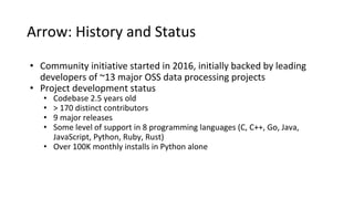 Arrow: History and Status
• Community initiative started in 2016, initially backed by leading
developers of ~13 major OSS data processing projects
• Project development status
• Codebase 2.5 years old
• > 170 distinct contributors
• 9 major releases
• Some level of support in 8 programming languages (C, C++, Go, Java,
JavaScript, Python, Ruby, Rust)
• Over 100K monthly installs in Python alone
 