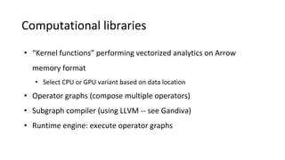 Computational libraries
• “Kernel functions” performing vectorized analytics on Arrow
memory format
• Select CPU or GPU variant based on data location
• Operator graphs (compose multiple operators)
• Subgraph compiler (using LLVM -- see Gandiva)
• Runtime engine: execute operator graphs
 