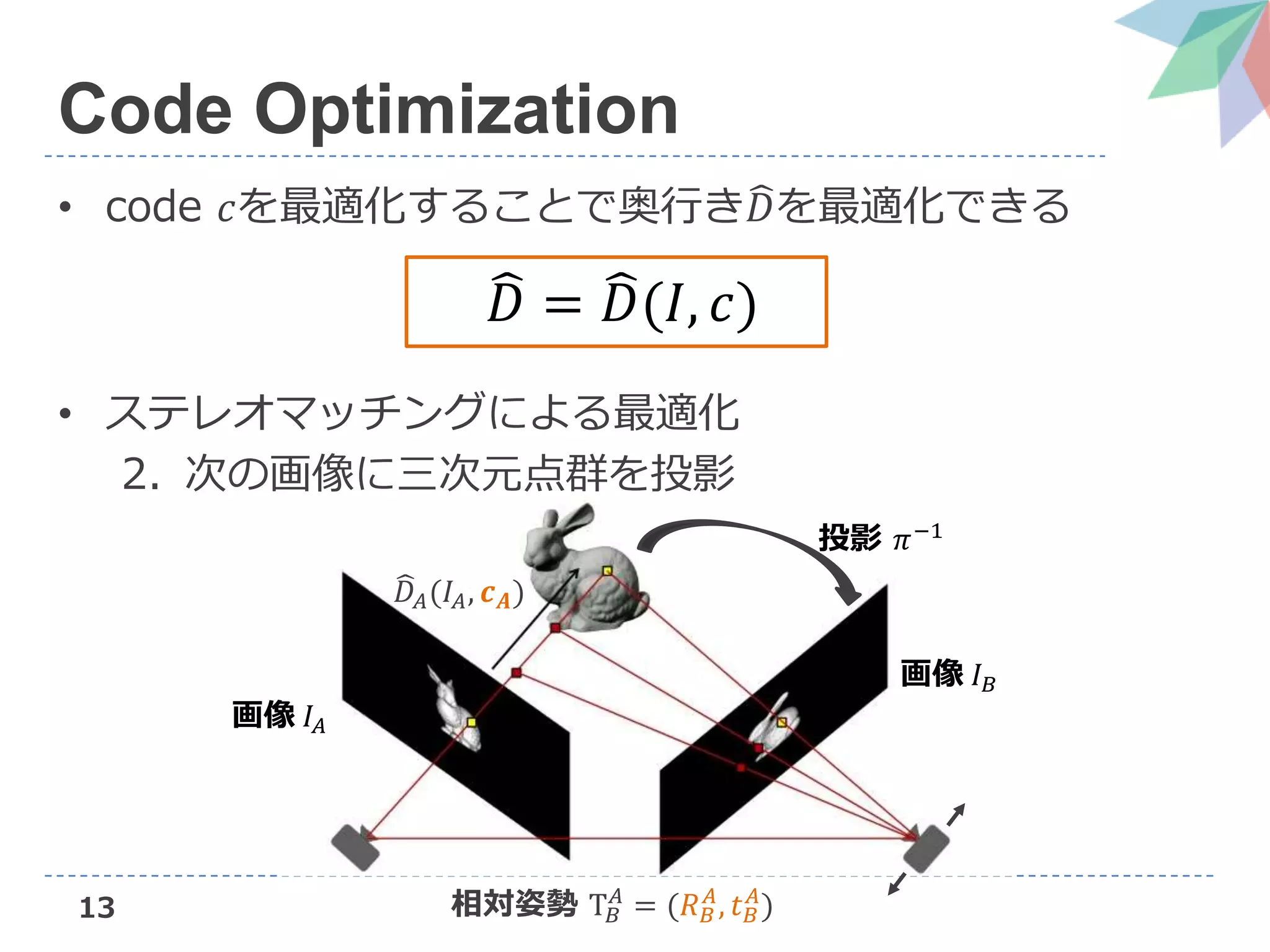 13
Code Optimization
• code 𝑐を最適化することで奥行き 𝐷を最適化できる
• ステレオマッチングによる最適化
2. 次の画像に三次元点群を投影
𝐷 = 𝐷(𝐼, 𝑐)
相対姿勢 T 𝐵
𝐴
= (𝑅 𝐵
𝐴
, 𝑡 𝐵
𝐴
)
画像 𝐼𝐴
画像 𝐼 𝐵
投影 𝜋−1
𝐷𝐴(𝐼𝐴, 𝒄 𝑨)
 