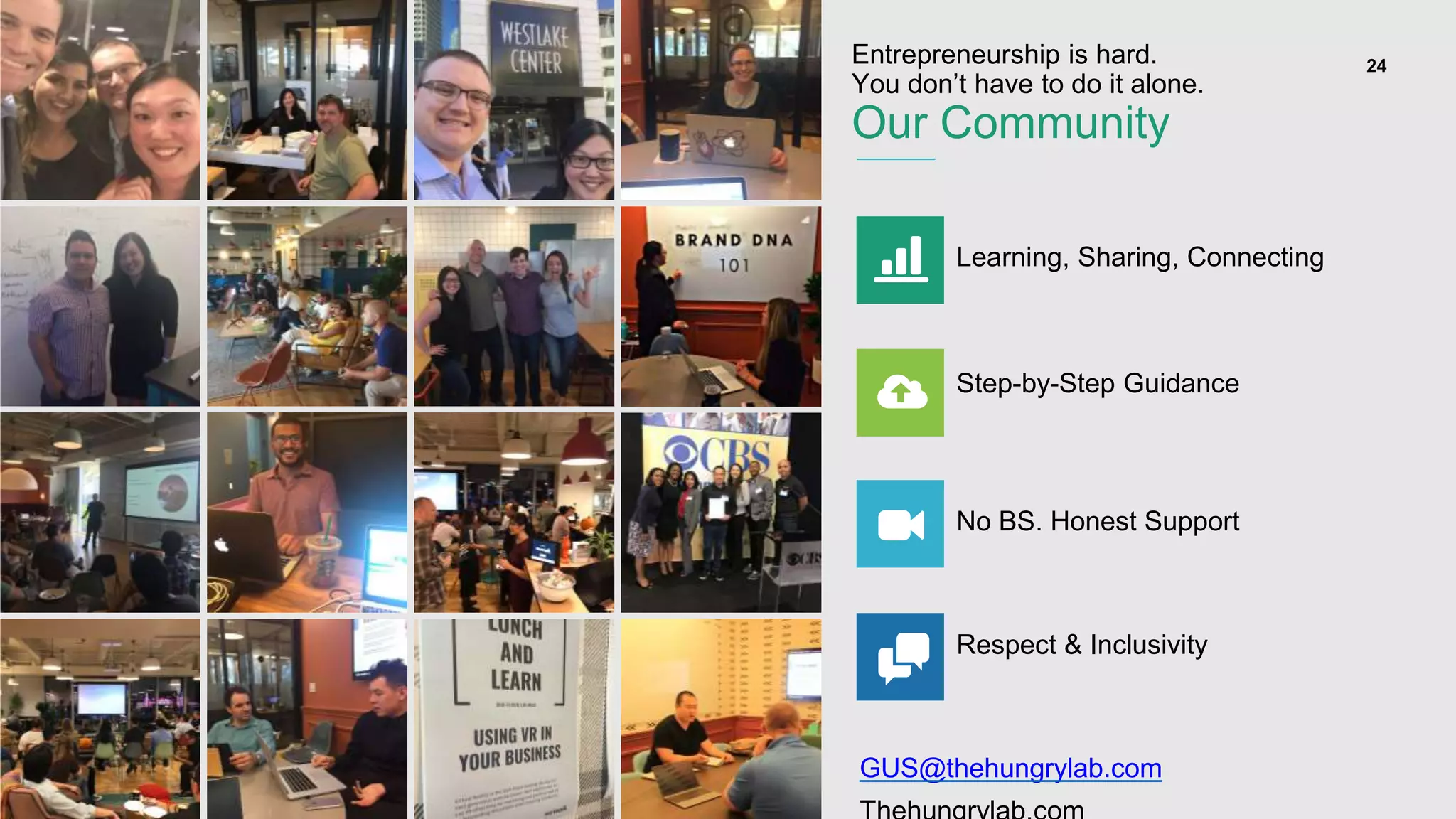 CONTENT THE HUNGRY
LAB
24
Learning, Sharing, Connecting
Step-by-Step Guidance
No BS. Honest Support
Respect & Inclusivity
Entrepreneurship is hard.
You don’t have to do it alone.
Our Community
GUS@thehungrylab.com
 