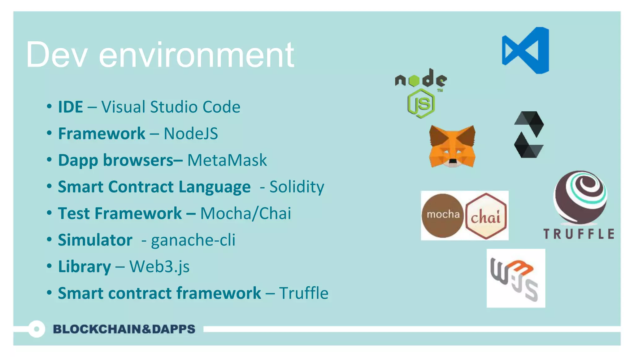 Dev environment
• IDE – Visual Studio Code
• Framework – NodeJS
• Dapp browsers– MetaMask
• Smart Contract Language - Solidity
• Test Framework – Mocha/Chai
• Simulator - ganache-cli
• Library – Web3.js
• Smart contract framework – Truffle
 