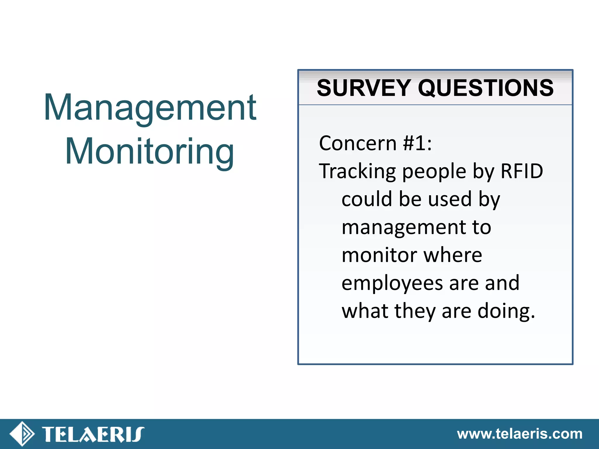 www.telaeris.com
SURVEY QUESTIONS
Management
Monitoring Concern #1:
Tracking people by RFID
could be used by
management to
monitor where
employees are and
what they are doing.
 