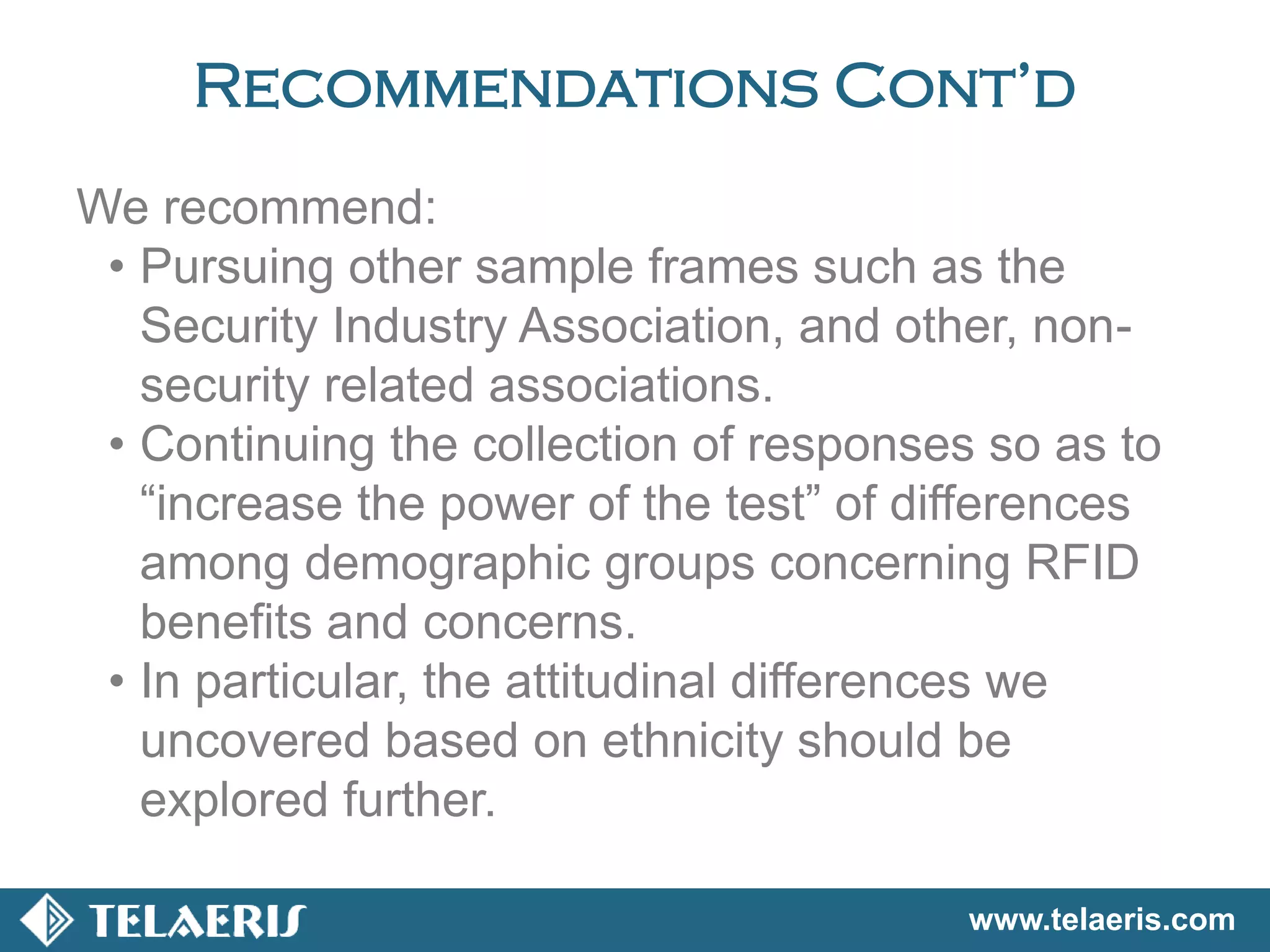 www.telaeris.com
Recommendations Cont’d
We recommend:
• Pursuing other sample frames such as the
Security Industry Association, and other, non-
security related associations.
• Continuing the collection of responses so as to
“increase the power of the test” of differences
among demographic groups concerning RFID
benefits and concerns.
• In particular, the attitudinal differences we
uncovered based on ethnicity should be
explored further.
 
