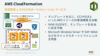 © 2018, Amazon Web Services, Inc. or its Affiliates. All rights reserved.
AWS CloudFormation
• テンプレートを元に、EC2やELBと
いったAWSリソ...