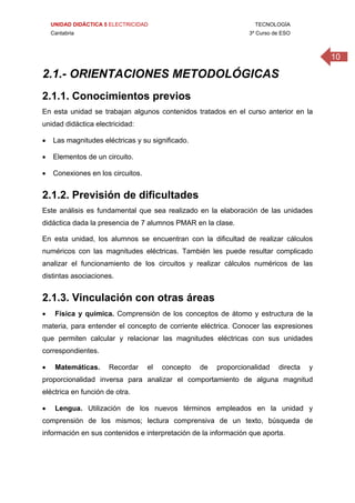 UNIDAD DIDÁCTICA 5 ELECTRICIDAD TECNOLOGÍA
Cantabria 3º Curso de ESO
10
2.1.- ORIENTACIONES METODOLÓGICAS
2.1.1. Conocimientos previos
En esta unidad se trabajan algunos contenidos tratados en el curso anterior en la
unidad didáctica electricidad:
 Las magnitudes eléctricas y su significado.
 Elementos de un circuito.
 Conexiones en los circuitos.
2.1.2. Previsión de dificultades
Este análisis es fundamental que sea realizado en la elaboración de las unidades
didáctica dada la presencia de 7 alumnos PMAR en la clase.
En esta unidad, los alumnos se encuentran con la dificultad de realizar cálculos
numéricos con las magnitudes eléctricas. También les puede resultar complicado
analizar el funcionamiento de los circuitos y realizar cálculos numéricos de las
distintas asociaciones.
2.1.3. Vinculación con otras áreas
 Física y química. Comprensión de los conceptos de átomo y estructura de la
materia, para entender el concepto de corriente eléctrica. Conocer las expresiones
que permiten calcular y relacionar las magnitudes eléctricas con sus unidades
correspondientes.
 Matemáticas. Recordar el concepto de proporcionalidad directa y
proporcionalidad inversa para analizar el comportamiento de alguna magnitud
eléctrica en función de otra.
 Lengua. Utilización de los nuevos términos empleados en la unidad y
comprensión de los mismos; lectura comprensiva de un texto, búsqueda de
información en sus contenidos e interpretación de la información que aporta.
 
 