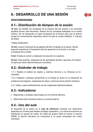 UNIDAD DIDÁCTICA 5 ELECTRICIDAD TECNOLOGÍA
Cantabria 3º Curso de ESO
386.- DESARROLLO DE UNA SESIÓN
Sesión 2 (Aula de clase)
6.1.- Distribución de tiempos de la sesión
10 min: Se facilitan los resultados de la práctica del día anterior y se comentan
aquellos errores más frecuentes. Repaso de los conceptos trabajados en la sesión
anterior. Se irá esbozando el mapa conceptual de la lección para que el alumno
encaje los conocimientos adquiridos dentro de toda la unidad didáctica. Y solución
de dudas.
Trabajo colaborativo
10 min: Lectura individual de las páginas del libro a trabajar en la sesión. Dando
especial importancia al Vocabulario técnico aparecido en la lección y al mapa
conceptual de la unidad.
5 min: Puesta en común y realización de resumen en cuaderno.
30 min: Para practicar, realización de las actividades del libro, ejercicios. El número
de ejercicios serán determinados por el profesor.
6.2.- Estándar de trabajo
1.1.1. Realiza el análisis de objetos y sistemas técnicos y su influencia en la
sociedad.
1.2.2. Colabora y participa activamente en el trabajo en grupo en la resolución de
problemas tecnológicos, respetando las ideas y opiniones de los demás miembros.
4.3.1 Utiliza y opera perfectamente con las magnitudes eléctricas básicas. 
6.3.- Indicadores
 Magnitudes y unidades relacionadas con la corriente eléctrica.
 Diferencias entre corriente continua y corriente alterna.
6.4.- Uso del aula
El desarrollo de la sesión en el aula de referencia mostrará una distribución
específica en círculos para facilitar el trabajo cooperativo. Los veinte tres alumnos se
distribuirán en grupos de cuatro. En todos los grupos habrá al menos un alumno
PMAR, el alumno disruptivo se incorporará a un grupo compuesto por cuatro
miembros.
 