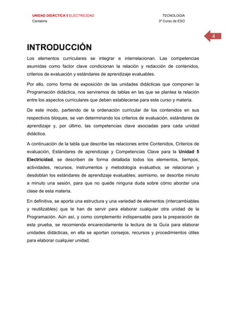 UNIDAD DIDÁCTICA 5 ELECTRICIDAD TECNOLOGÍA
Cantabria 3º Curso de ESO
4
INTRODUCCIÓN
Los elementos curriculares se integrar e interrelacionan. Las competencias
asumidas como factor clave condicionan la relación y redacción de contenidos,
criterios de evaluación y estándares de aprendizaje evaluables.
Por ello, como forma de exposición de las unidades didácticas que componen la
Programación didáctica, nos serviremos de tablas en las que se plantea la relación
entre los aspectos curriculares que deben establecerse para este curso y materia.
De este modo, partiendo de la ordenación curricular de los contenidos en sus
respectivos bloques, se van determinando los criterios de evaluación, estándares de
aprendizaje y, por último, las competencias clave asociadas para cada unidad
didáctica.
A continuación de la tabla que describe las relaciones entre Contenidos, Criterios de
evaluación, Estándares de aprendizaje y Competencias Clave para la Unidad 5
Electricidad, se describen de forma detallada todos los elementos, tiempos,
actividades, recursos, instrumentos y metodología evaluativa; se relacionan y
desdoblan los estándares de aprendizaje evaluables; asimismo, se describe minuto
a minuto una sesión, para que no quede ninguna duda sobre cómo abordar una
clase de esta materia.
En definitiva, se aporta una estructura y una variedad de elementos (intercambiables
y reutilizables) que te han de servir para elaborar cualquier otra unidad de la
Programación. Aún así, y como complemento indispensable para la preparación de
esta prueba, se recomienda encarecidamente la lectura de la Guía para elaborar
unidades didácticas, en ella se aportan consejos, recursos y procedimientos útiles
para elaborar cualquier unidad.
 