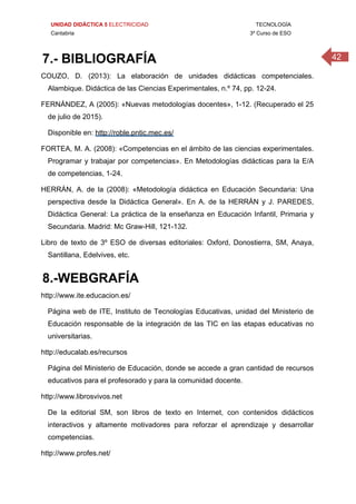 UNIDAD DIDÁCTICA 5 ELECTRICIDAD TECNOLOGÍA
Cantabria 3º Curso de ESO
427.- BIBLIOGRAFÍA
COUZO, D. (2013): La elaboración de unidades didácticas competenciales.
Alambique. Didáctica de las Ciencias Experimentales, n.º 74, pp. 12-24.
FERNÁNDEZ, A (2005): «Nuevas metodologías docentes», 1-12. (Recuperado el 25
de julio de 2015).
Disponible en: http://roble.pntic.mec.es/
FORTEA, M. A. (2008): «Competencias en el ámbito de las ciencias experimentales.
Programar y trabajar por competencias». En Metodologías didácticas para la E/A
de competencias, 1-24.
HERRÁN, A. de la (2008): «Metodología didáctica en Educación Secundaria: Una
perspectiva desde la Didáctica General». En A. de la HERRÁN y J. PAREDES,
Didáctica General: La práctica de la enseñanza en Educación Infantil, Primaria y
Secundaria. Madrid: Mc Graw-Hill, 121-132.
Libro de texto de 3º ESO de diversas editoriales: Oxford, Donostierra, SM, Anaya,
Santillana, Edelvives, etc.
8.-WEBGRAFÍA
http://www.ite.educacion.es/
Página web de ITE, Instituto de Tecnologías Educativas, unidad del Ministerio de
Educación responsable de la integración de las TIC en las etapas educativas no
universitarias.
http://educalab.es/recursos
Página del Ministerio de Educación, donde se accede a gran cantidad de recursos
educativos para el profesorado y para la comunidad docente.
http://www.librosvivos.net
De la editorial SM, son libros de texto en Internet, con contenidos didácticos
interactivos y altamente motivadores para reforzar el aprendizaje y desarrollar
competencias.
http://www.profes.net/
 