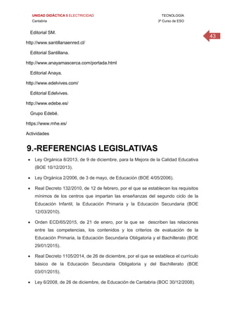 UNIDAD DIDÁCTICA 5 ELECTRICIDAD TECNOLOGÍA
Cantabria 3º Curso de ESO
43
Editorial SM.
http://www.santillanaenred.cl/
Editorial Santillana.
http://www.anayamascerca.com/portada.html
Editorial Anaya.
http://www.edelvives.com/
Editorial Edelvives.
http://www.edebe.es/
Grupo Edebé.
https://www.mhe.es/
Actividades
9.-REFERENCIAS LEGISLATIVAS
 Ley Orgánica 8/2013, de 9 de diciembre, para la Mejora de la Calidad Educativa
(BOE 10/12/2013).
 Ley Orgánica 2/2006, de 3 de mayo, de Educación (BOE 4/05/2006).
 Real Decreto 132/2010, de 12 de febrero, por el que se establecen los requisitos
mínimos de los centros que impartan las enseñanzas del segundo ciclo de la
Educación Infantil, la Educación Primaria y la Educación Secundaria (BOE
12/03/2010).
 Orden ECD/65/2015, de 21 de enero, por la que se describen las relaciones
entre las competencias, los contenidos y los criterios de evaluación de la
Educación Primaria, la Educación Secundaria Obligatoria y el Bachillerato (BOE
29/01/2015).
 Real Decreto 1105/2014, de 26 de diciembre, por el que se establece el currículo
básico de la Educación Secundaria Obligatoria y del Bachillerato (BOE
03/01/2015).
 Ley 6/2008, de 26 de diciembre, de Educación de Cantabria (BOC 30/12/2008).
 