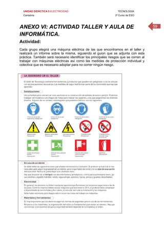 UNIDAD DIDÁCTICA 5 ELECTRICIDAD TECNOLOGÍA
Cantabria 3º Curso de ESO
59ANEXO VI: ACTIVIDAD TALLER Y AULA DE
INFORMÁTICA.
Actividad:
Cada grupo elegirá una máquina eléctrica de las que encontramos en el taller y
realizará un informe sobre la misma, siguiendo el guion que se adjunta con esta
práctica. También será necesario identificar los principales riesgos que se corren al
trabajar con máquinas eléctricas así como las medidas de protección individual y
colectiva que es necesario adoptar para no correr ningún riesgo.
 
 