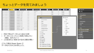 ちょっとデータを見てみましょう
2018/07/21 Citizen Application Platform Fest. 33
• POS や売上データによくあるこの形
• データに [コード] と [名称] を含んでい
（商品、カテゴリー）
• このままだと RDB 化するのに都合が悪い
こういう時は Power Query で
データをマスタに分けましょう。
 