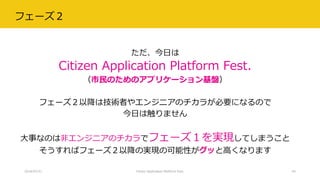 フェーズ２
ただ、今日は
Citizen Application Platform Fest.
（市民のためのアプリケーション基盤）
フェーズ２以降は技術者やエンジニアのチカラが必要になるので
今日は触りません
大事なのは非エンジニアのチカラでフェーズ１を実現してしまうこと
そうすればフェーズ２以降の実現の可能性がグッと高くなります
2018/07/21 Citizen Application Platform Fest. 44
 