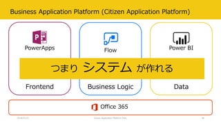 Business Application Platform (Citizen Application Platform)
2018/07/21 Citizen Application Platform Fest. 48
Flow Power BIPowerApps
Frontend Business Logic Data
Office 365
つまり システム が作れる
 
