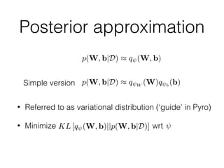 Posterior approximation
• Referred to as variational distribution (‘guide’ in Pyro)
• Minimize wrt
p(W, b|D) ⇡ q (W, b)
p(W, b|D) ⇡ q W
(W)q b
(b)Simple version
KL [q (W, b)||p(W, b|D)]
 
