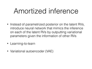 Amortized inference
• Instead of parametrized posterior on the latent RVs,
introduce neural network that mimics the inference
on each of the latent RVs by outputting variational
parameters given the information of other RVs
• Learning-to-learn
• Variational autoencoder (VAE)
 