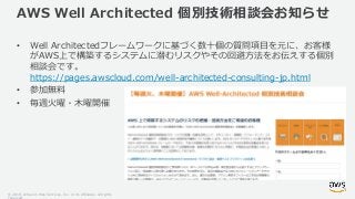 © 2018, Amazon Web Services, Inc. or its Affiliates. All rights
AWS Well Architected 個別技術相談会お知らせ
• Well Architectedフレームワーク...