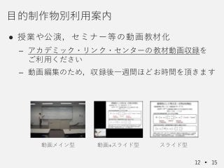 ● 授業や公演，セミナー等の動画教材化
– アカデミック・リンク・センターの教材動画収録を
ご利用ください
– 動画編集のため，収録後一週間ほどお時間を頂きます
目的制作物別利用案内
12 15
動画メイン型 動画+スライド型 スライド型
 