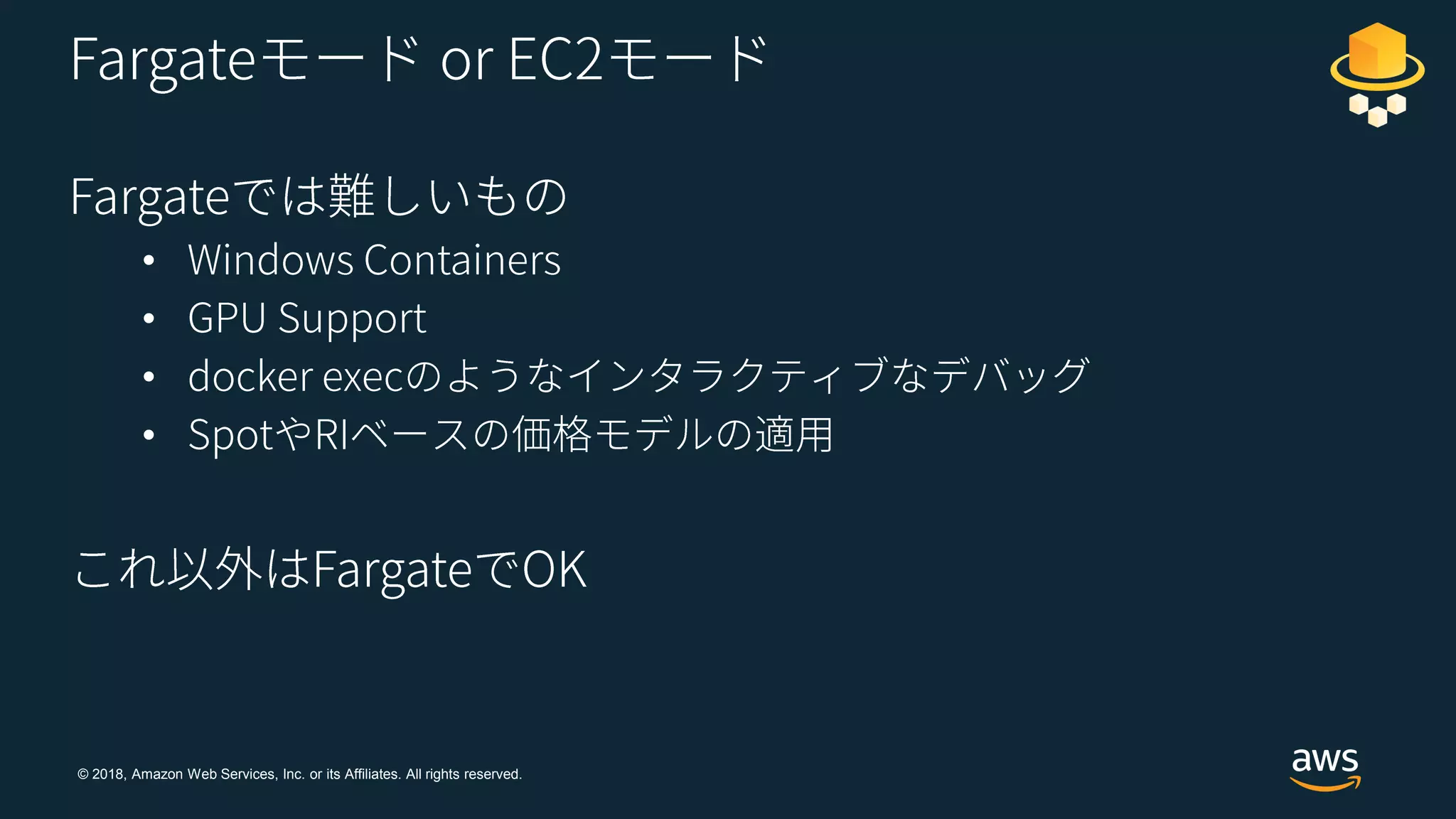© 2018, Amazon Web Services, Inc. or its Affiliates. All rights reserved.
•
•
•
•
 