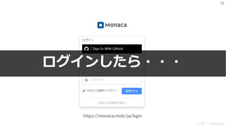 35
https://monaca.mobi/ja/login
引用：monaca
ログインしたら・・・
 