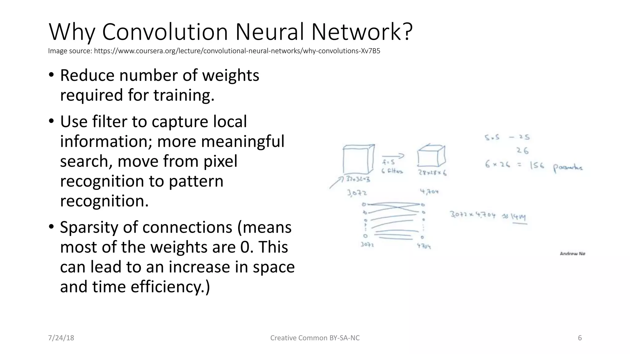 Why Convolution Neural Network? Image source: https://www.coursera.org/lecture/convolutional-neural-networks/why-convolutions-Xv7B5 • Reduce number of weights required for training. • Use filter to capture local information; more meaningful search, move from pixel recognition to pattern recognition. • Sparsity of connections (means most of the weights are 0. This can lead to an increase in space and time efficiency.) 7/24/18 Creative Common BY-SA-NC 6 