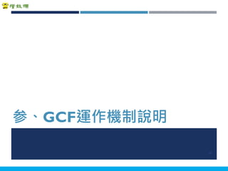 Copyright 2018 ITRI 工業技術研究院Copyright 2018 ITRI 工業技術研究院
参、GCF運作機制說明
13
 