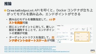 CreateEndpoint API Docker
• AB
•
•
https://docs.aws.amazon.com/sagemaker/latest/dg/API_CreateEndpointConfig.html
https://docs.aws.amazon.com/sagemaker/latest/dg/API_CreateEndpoint.html
https://docs.aws.amazon.com/ja_jp/sagemaker/latest/dg/API_UpdateEndpoint.html
https://docs.aws.amazon.com/ja_jp/sagemaker/latest/dg/API_UpdateEndpointWeightsAndCapacities.html
 