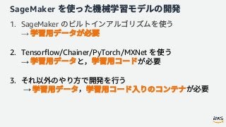 SageMaker
1. SageMaker
→
2. Tensorflow/Chainer/PyTorch/MXNet
→
3.
→
 