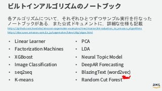 https://github.com/awslabs/amazon-sagemaker-examples/tree/master/introduction_to_amazon_algorithms
https://docs.aws.amazon.com/ja_jp/sagemaker/latest/dg/algos.html
•
•
•
•
•
•
New!
•
•
•
•
•
•
 