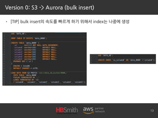 Version 0: S3 -> Aurora (bulk insert)
• [TIP] bulk insert의 속도를 빠르게 하기 위해서 index는 나중에 생성
13
 