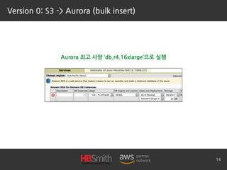 Version 0: S3 -> Aurora (bulk insert)
14
Aurora 최고 사양 ‘db.r4.16xlarge’으로 실행
 