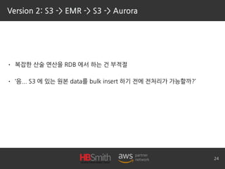 Version 2: S3 -> EMR -> S3 -> Aurora
• 복잡한 산술 연산을 RDB 에서 하는 건 부적절
• ‘음... S3 에 있는 원본 data를 bulk insert 하기 전에 전처리가 가능할까?’
24
 