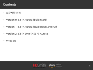 Contents
• 요구사항 정리
• Version 0: S3 -> Aurora (bulk insert)
• Version 1: S3 -> Aurora (scale down and HA)
• Version 2: S3 -> EMR -> S3 -> Aurora
• Wrap Up
3
 