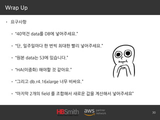 Wrap Up
• 요구사항
• “40억건 data를 DB에 넣어주세요.”
• “단, 일주일마다 한 번씩 최대한 빨리 넣어주세요.”
• “원본 data는 S3에 있습니다.”
• “HA(이중화) 해야할 것 같아요.”
• “그리고 db.r4.16xlarge 너무 비싸요.”
• “마지막 2개의 field 를 조합해서 새로운 값을 계산해서 넣어주세요”
30
 