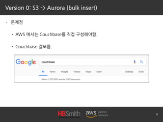 Version 0: S3 -> Aurora (bulk insert)
• 문제점
• AWS 에서는 Couchbase를 직접 구성해야함.
• Couchbase 잘모름.
9
 