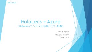 HoloLens + Azure
（HoloLensコンテスト応募アプリ概要）
2018年7月27日
株式会社ホロラボ
加藤 広務
xRLT vol.2
 
