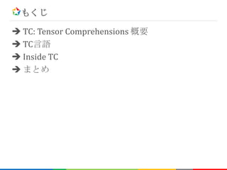 もくじ
 TC: Tensor Comprehensions 概要
 TC言語
 Inside TC
 まとめ
 