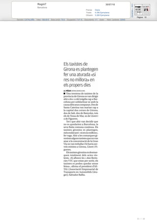 30/07/18Regió7
Barcelona
Prensa: Diaria
Tirada: 6.396 Ejemplares
Difusión: 5.289 Ejemplares
Página: 15
Sección: CATALUÑA Valor: 156,00 € Área (cm2): 70,9 Ocupación: 7,41 % Documento: 1/1 Autor: Núm. Lectores: 32000
Cód:119628452
21 / 22
 