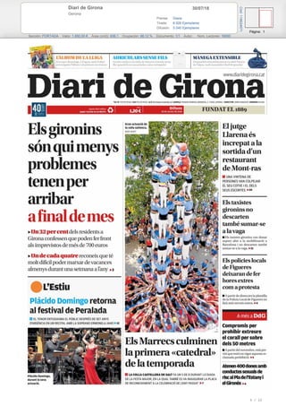 30/07/18Diari de Girona
Gerona
Prensa: Diaria
Tirada: 6.926 Ejemplares
Difusión: 5.040 Ejemplares
Página: 1
Sección: PORTADA Valor: 1.850,00 € Área (cm2): 936,1 Ocupación: 98,12 % Documento: 1/1 Autor: Núm. Lectores: 18000
Cód:119624671
5 / 22
 