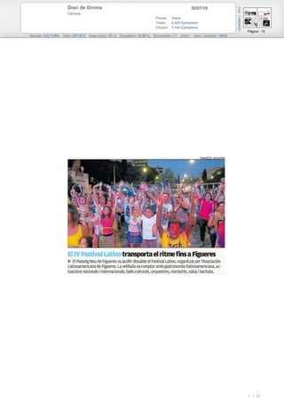 30/07/18Diari de Girona
Gerona
Prensa: Diaria
Tirada: 6.926 Ejemplares
Difusión: 5.040 Ejemplares
Página: 15
Sección: CULTURA Valor: 207,00 € Área (cm2): 101,4 Ocupación: 10,96 % Documento: 1/1 Autor: Núm. Lectores: 18000
Cód:119624621
7 / 22
 