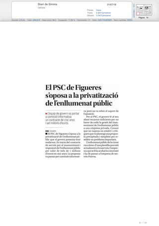 31/07/18Diari de Girona
Gerona
Prensa: Diaria
Tirada: 6.926 Ejemplares
Difusión: 5.040 Ejemplares
Página: 14
Sección: LOCAL Valor: 209,00 € Área (cm2): 94,0 Ocupación: 11,09 % Documento: 1/1 Autor: DdG FIGUERES Núm. Lectores: 23000
Cód:119643231
22 / 43
 