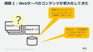 © 2018, Amazon Web Services, Inc. or its Affiliates. All rights reserved.
課題２：Webサーバのコンテンツが肥大化してきた
Webサーバ
写真やドキュメント
といったコン...