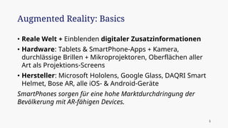 • Reale Welt + Einblenden digitaler Zusatzinformationen
• Hardware: Tablets & SmartPhone-Apps + Kamera,
durchlässige Brillen + Mikroprojektoren, Oberflächen aller
Art als Projektions-Screens
• Hersteller: Microsoft Hololens, Google Glass, DAQRI Smart
Helmet, Bose AR, alle iOS- & Android-Geräte
SmartPhones sorgen für eine hohe Marktdurchdringung der
Bevölkerung mit AR-fähigen Devices.
Augmented Reality: Basics
5
 