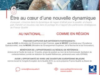 Être au cœur d’une nouvelle dynamique
d’une part, s’inscrire dans la dynamique de regain d’attrait pour la qualité, et d’autre
part, franchir un nouveau cap dans le portage lié à l’apport des partenaires stratégiques
de France Qualité
contact@francequalite.fr www.qualiteperformance.org/
reseaux-qualite
AU NATIONAL…
POUVOIR S’APPUYER SUR DIFFÉRENTS PARTENARIATS :
avec la DGE du Ministère de l’Economie et des Finances, avec le MEDEF (manifeste pour l’Excellence
Opérationnelle), avec le MESRI (Ministère de l’Enseignement Supérieur, de la Recherche et de l’Innovation).
BÉNÉFICIER DE L’APPARTENANCE AU RÉSEAU DE RÉFÉRENCE :
Actions de la Feuille de route en 10 points, prises de position au nom de la Communauté, facilitation de
contacts/médias (comité de rédaction de Qualité Références, partenariat avec radio IDFM98)
.
AVOIR L’OPPORTUNITÉ DE VIVRE UNE OUVERTURE EUROPÉENNE MAJEURE
comme durant le Congrès Européen de la Qualité 2018, ou via la présence France Qualité au Board de
l’EOQ
COMME EN RÉGION
 
